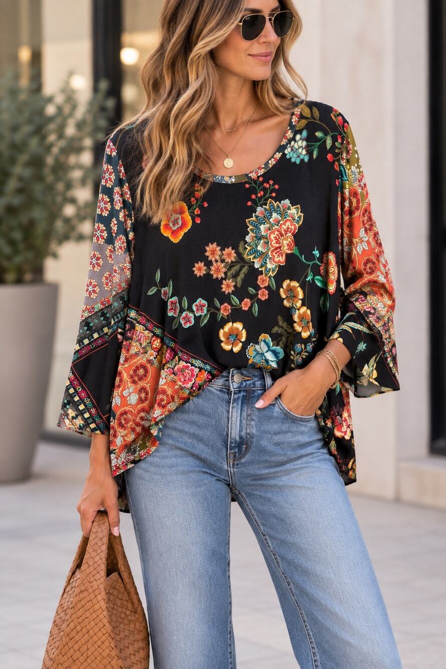 Johnny Was Floral Print 3/4 Sleeve Round Neck Blouse Top Black Multi Women's